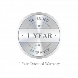 Silver circular warranty badge with 'EXTENDED 1 YEAR WARRANTY' and stars
