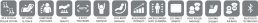 Row of rounded-square icons representing device features: roller system, shoulder relief, gravity, programs, massage, auto mode, and Bluetooth.