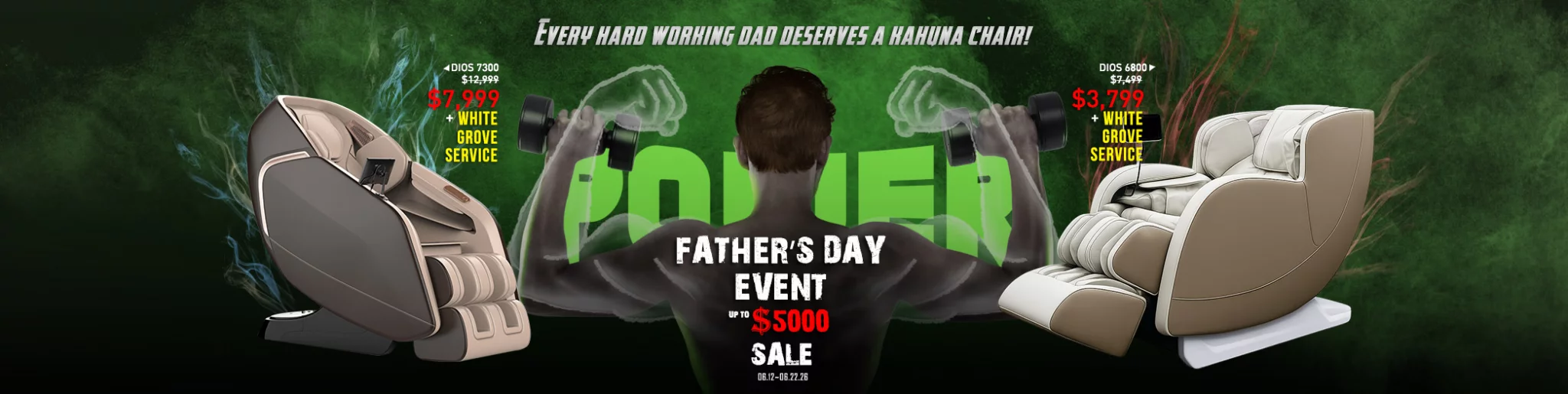 Promotional banner showing two massage chairs flanking a man lifting dumbbells with bold 'Father's Day Event' text.